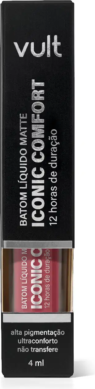 Caixa preta com logotipo "Vult" contendo um produto de maquiagem da linha "Iconic Comfort" com 4 ml de volume, com rótulo destacando a alta pigmentação e conforto do produto.