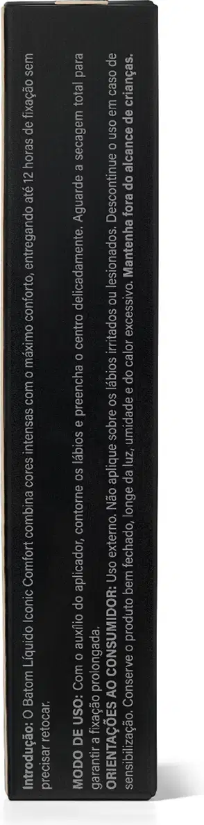 Caixa preta retangular de produto Vult, com texto informativo sobre o produto em letras brancas. A embalagem possui uma aparência minimalista e elegante, com destaque para os detalhes textuais.