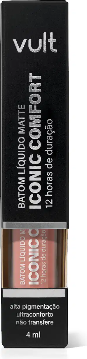 Caixa preta da marca Vult contendo frasco de Batom Líquido Matte Iconic Comfort, com rótulo em branco e cinza indicando a alta pigmentação e conforto do produto.