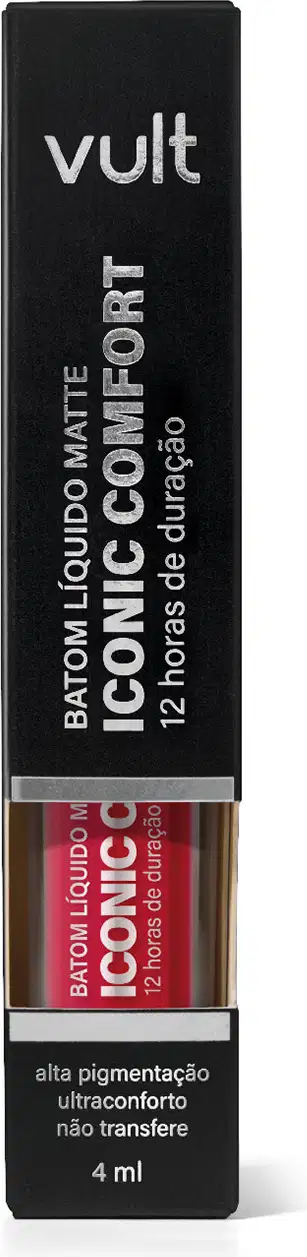 Caixa preta com rótulo "Vult" contendo um frasco de 4 ml de "Batom Líquido Matte Iconic Comfort", com acabamento fosco e alta pigmentação, em tom de marrom avermelhado.