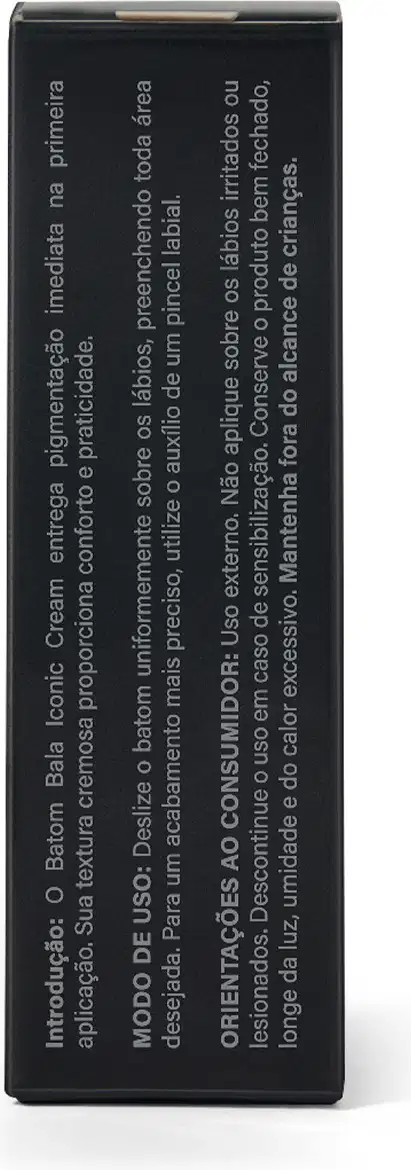 Embalagem preta do Batom com rótulo em texto prata, contendo informações sobre a marca, ingredientes e benefícios do produto.