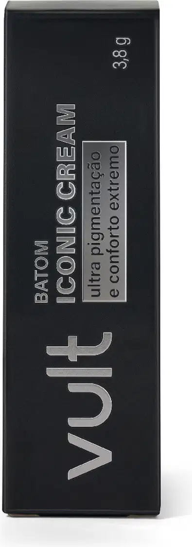 Embalagem preta com logotipo da marca Vult e texto "Batom Iconic Cream" em prata, com o texto: Ultra pigmentação e conforto extremo.
