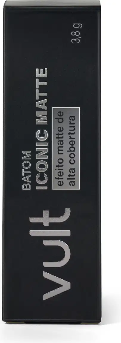 Embalagem preta com logotipo da marca Vult e texto "Batom Iconic Matte" em prata, com o texto: Efeito matte de alta cobertura.

