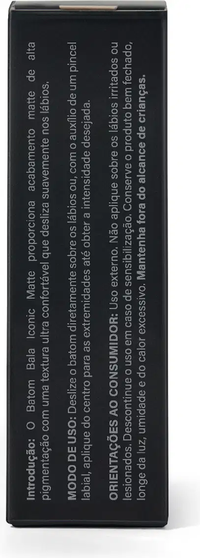 Embalagem preta do Batom com rótulo em texto prata, contendo informações sobre a marca, ingredientes e benefícios do produto.