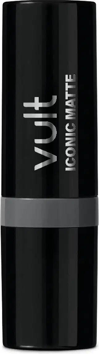 Batom bala da marca Vult Iconic Matte fechado, em embalagem preta com letras prata.
