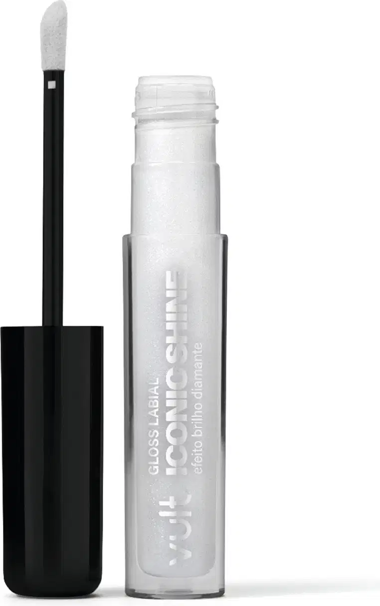 Gloss Labial Vult incolor, com rótulo destacado. O pincel possui cerdas macias e o frasco é transparente, com tampa rosqueável.