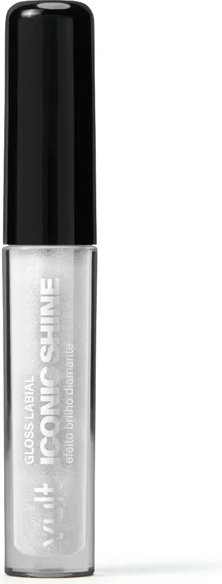 Frasco de gloss labial incolor da marca Vult, com embalagem preta e rótulo prateado, apresentando o nome "Iconic Shine" em destaque.