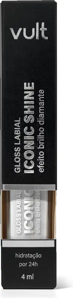Caixa preta com logotipo "Vult" e texto "Gloss labial iconic shine" em embalagem de 4 ml, apresentando um produto de beleza da marca Vult.