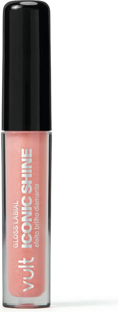 Produto de beleza Vult, um gloss labial líquido com embalagem plástica transparente e tampa preta. A cor predominante é um tom rosado claro, com o nome "Iconic Shine" impresso no rótulo.