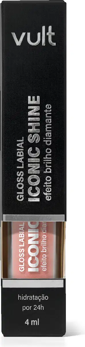Caixa preta com logotipo Vult contendo um frasco de produto cosmético com rótulo "Gloss Labial Icônico Shine" em cores neutras. O produto é descrito como hidratação por 24h em embalagem de 4 ml.