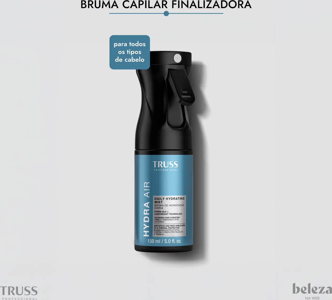 Bruma capilar finalizadora da marca TRUSS, com texto "Daily Hydrating Mist" e "Hydra Air" visível na embalagem preta e azul.