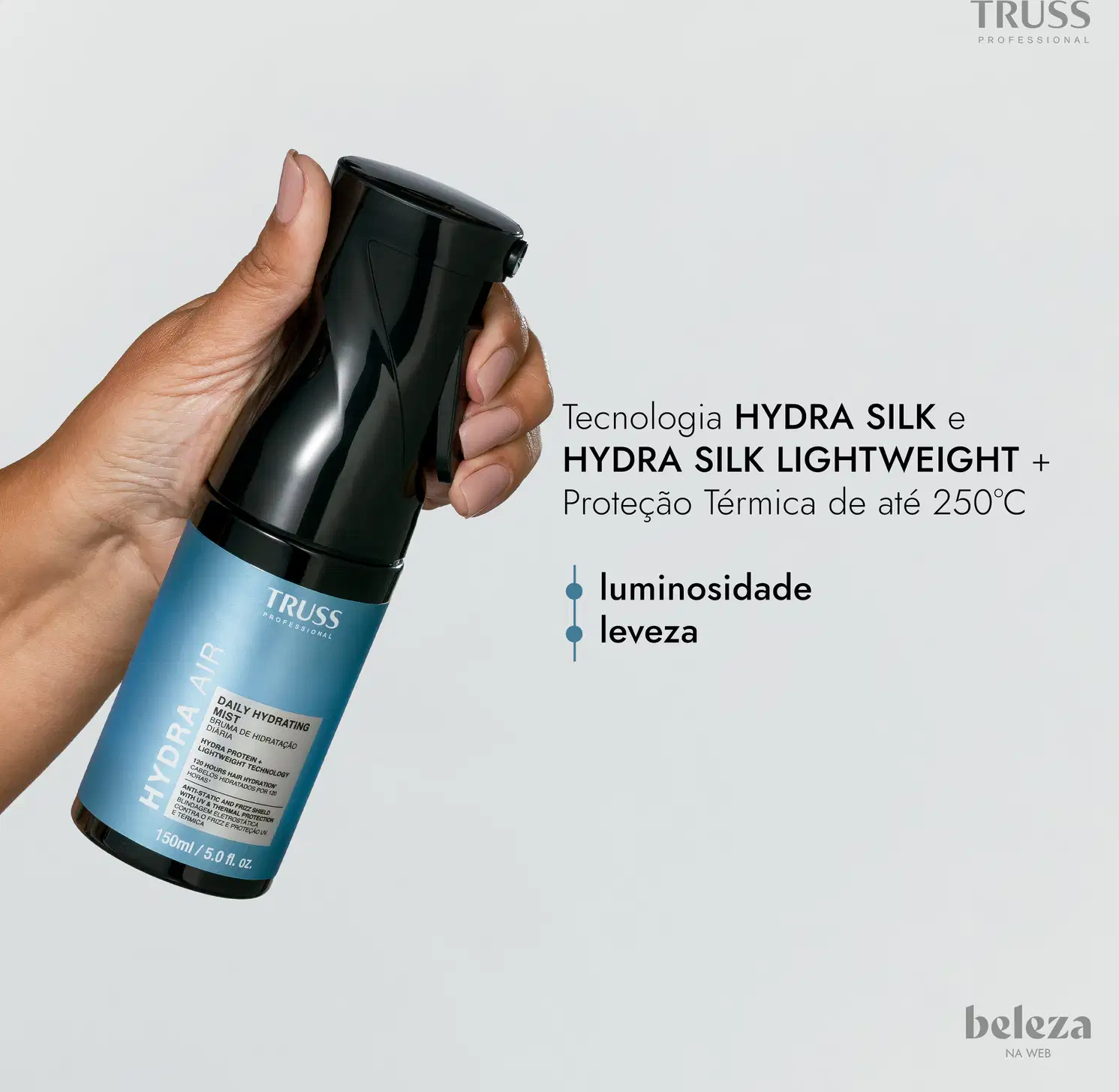 Frasco preto de 150 ml da linha Hydra Air da Truss Professional, com rótulo azul. Tecnologia Hydra Silk e Hydra Silk Lightweight, com proteção térmica até 250°C, luminosidade e leveza.