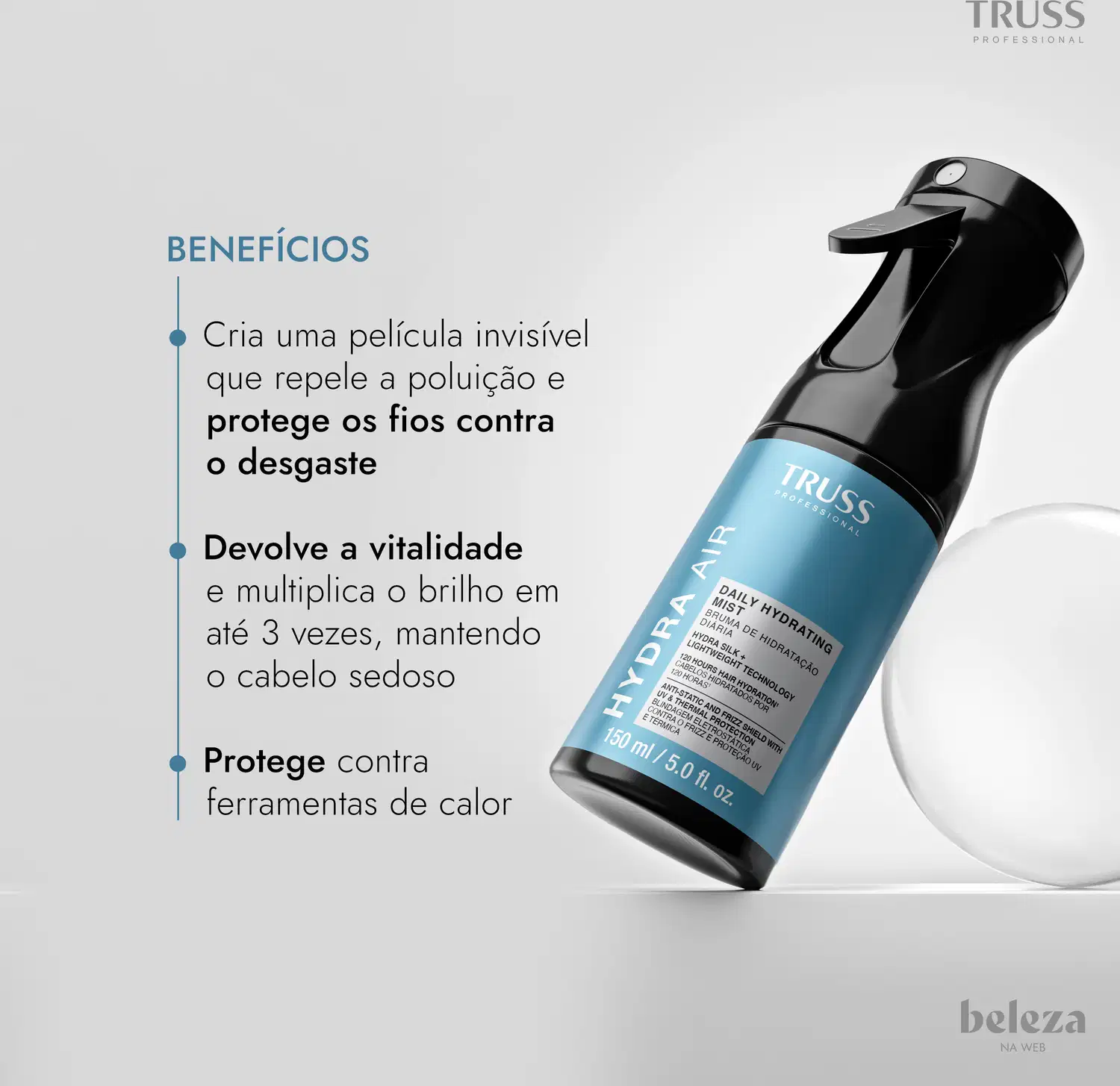 Frasco preto de 150 ml da linha Hydra Air da Truss Professional, com rótulo azul e texto indicando "Daily Hydrating Mist", um spray de hidratação diária para cabelos.