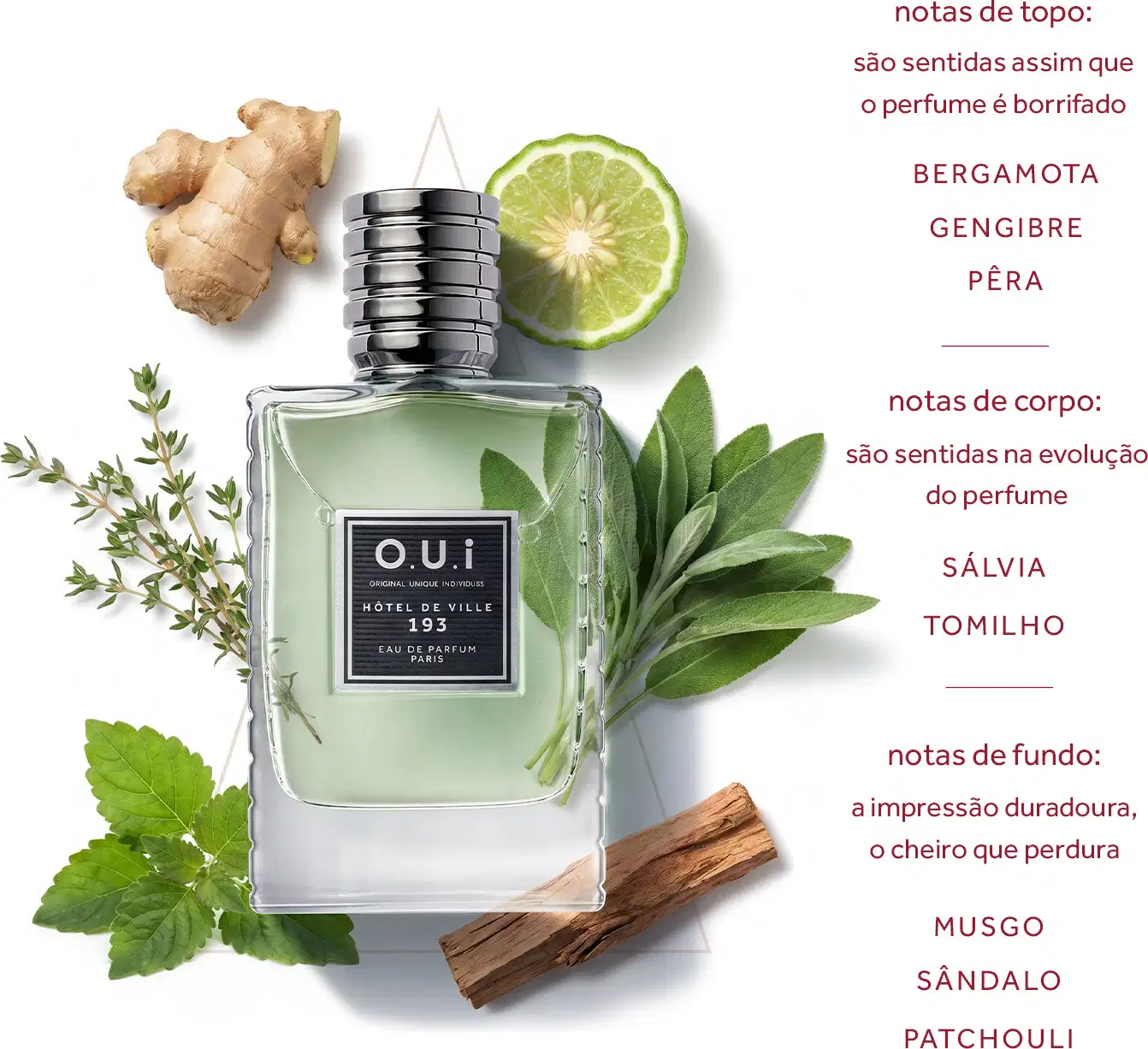 Frasco de item de perfumaria da marca O.U.i com notas de topo de bergamota, gengibre e pêra, notas de corpo de sálvia e tomilho, e notas de fundo de musgo, sândalo e patchouli, em embalagem de vidro com tampa preta.