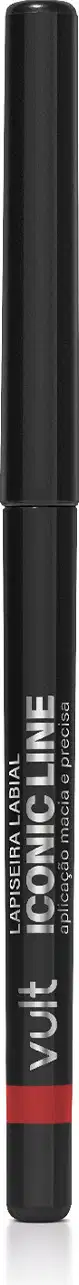 Lápis delineador de olhos preto da marca Vult, com embalagem preta e rótulo vermelho, apresentando um design cilíndrico e compacto.