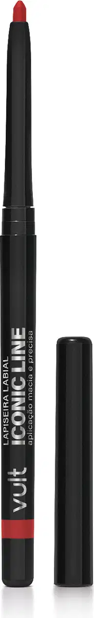 Lápis labial vermelho da linha Iconic Line da marca Vult, com embalagem preta e detalhes em vermelho. O produto possui formato cilíndrico e ponta afilada, permitindo aplicação precisa.