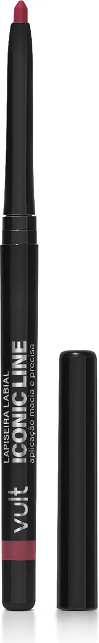 Lápis labial Iconic Line da marca Vult, com embalagem preta e tampa vermelha, apresentando uma ponta de lápis vermelho escuro.