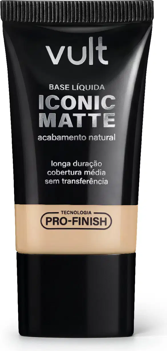 Tubo preto de base líquida Iconic Matte da marca Vult, com acabamento natural e longa duração. Apresenta cobertura média sem transferência, com tecnologia Pro-Finish.