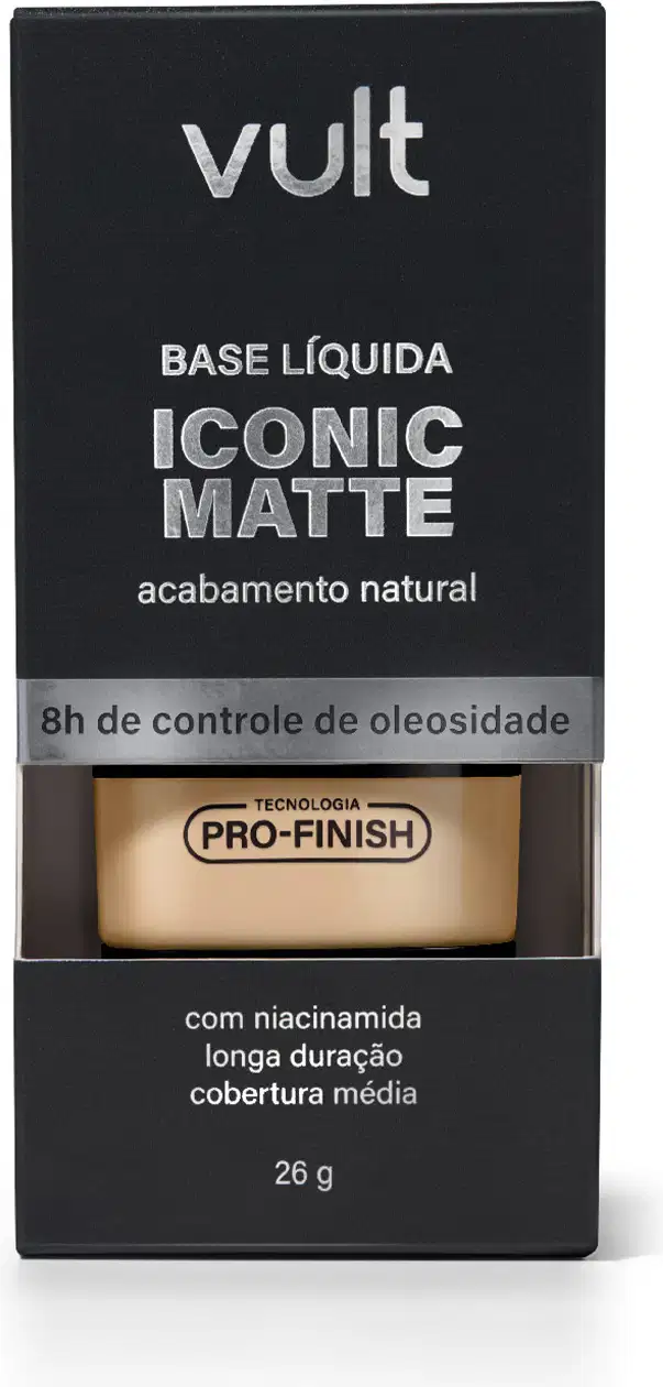 Caixa preta da marca Vult contendo base líquida Iconic Matte com acabamento natural, tecnologia Pro-Finish e cobertura média. Produto com 26g, com niacinamida e controle de oleosidade por 8 horas.