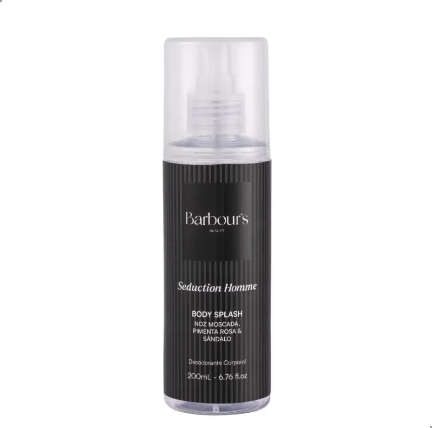 Frasco preto e transparente de 200 mL da linha Seduction Homme da Barbour's Beauty, contendo um desodorante corporal com notas de noz-moscada, pimenta-rosa e sândalo.
