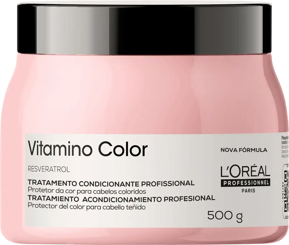 Recipiente de tratamento condicionante profissional da linha Vitamino Color da L'Oréal Paris. Embalagem rosa com tampa preta, contendo 500g do produto. Rótulo com nome da linha e informações sobre o tratamento para cabelos coloridos.