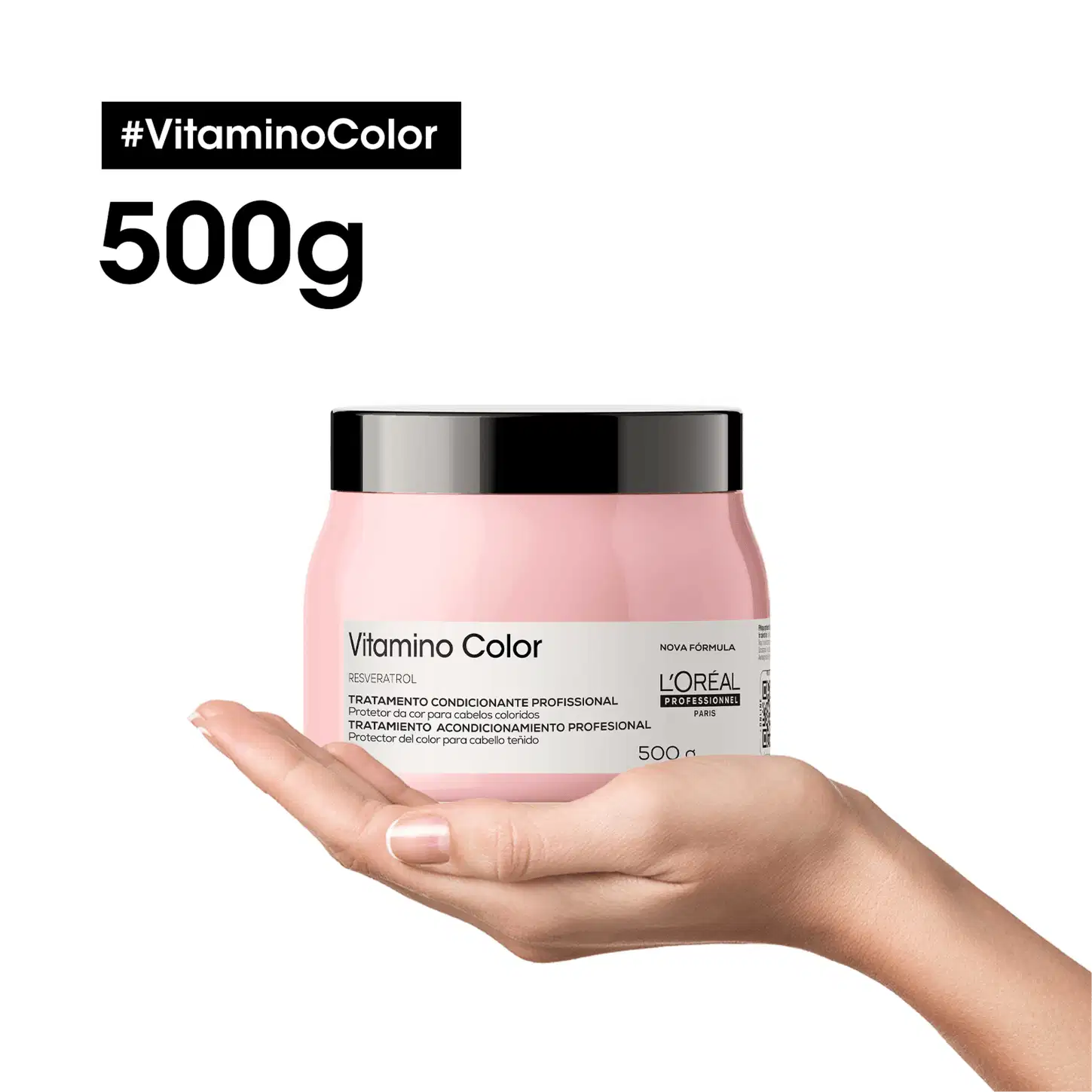 Embalagem de tratamento condicionante profissional para cabelos coloridos, com 500g de produto. Recipiente rosa claro com tampa preta, exibindo o texto "#VitaminoColor" e "Vitamino Color" em letras brancas.