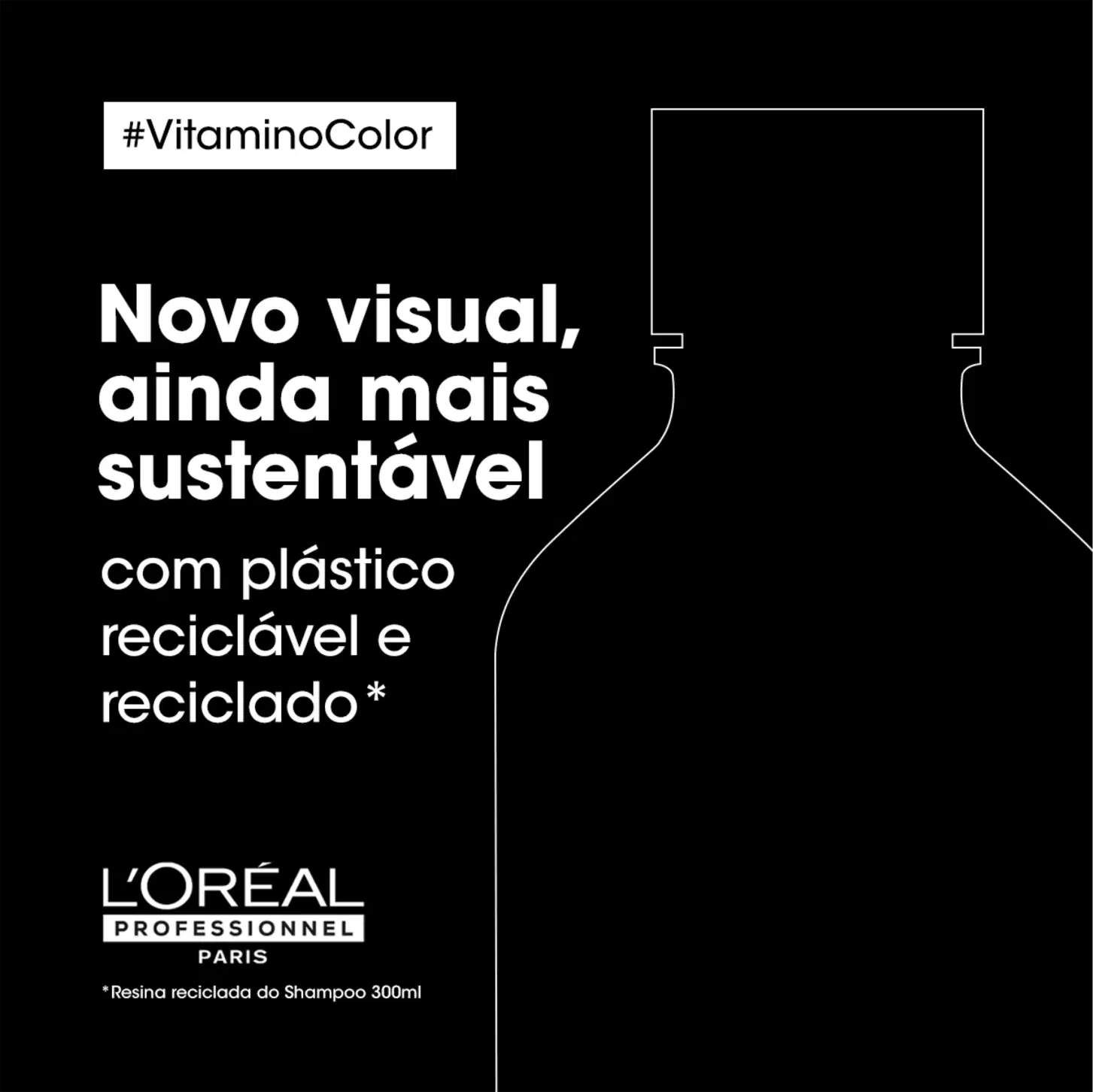 Texto na imagem: Novo visual, ainda mais sustentável com plástico reciclável e reciclado. L'OREAL PROFESSIONNEL PARIS.