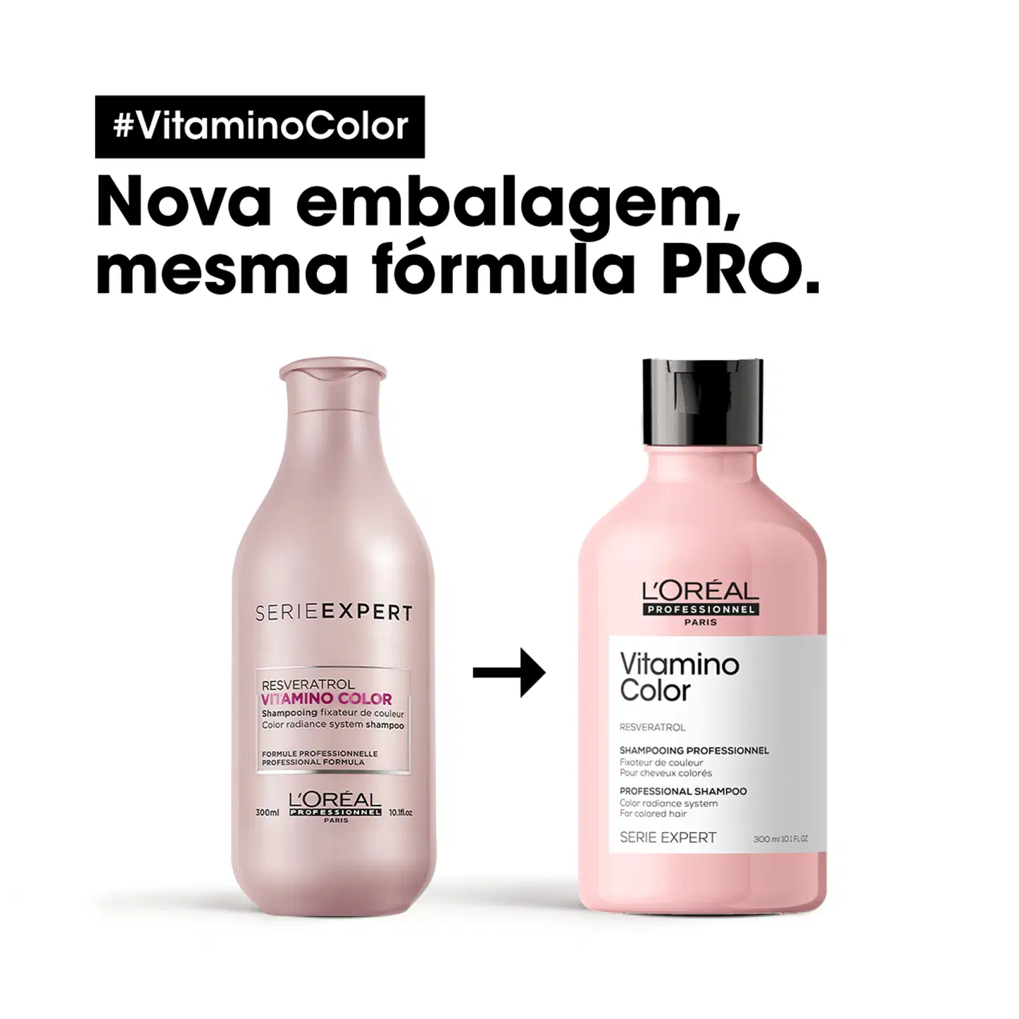 Nova embalagem, mesma fórmula PRO. Produtos de perfumaria da marca L'Oreal Serie Expert Vitamino Color e L'Oreal Professionnel Vitamino Color. Embalagens rosa com texto informativo sobre os produtos.