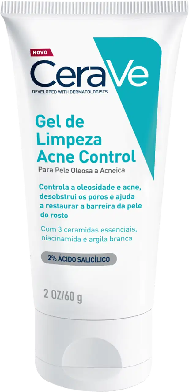Tubo branco com rótulo azul e texto "CeraVe Gel de Limpeza Acne Control". Contém informações sobre o produto, incluindo ingredientes e benefícios, como controle da oleosidade e acne, além de ceramidas essenciais, niacinamida e argila branca.