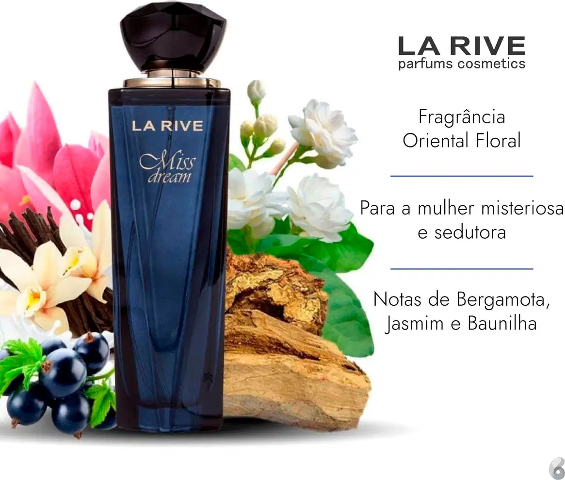 Perfume cercado com flores brancas, folhas verdes, bergamota, jasmim e baunilha. Texto promocional em português destaca fragrância oriental floral para mulher misteriosa e sedutora, com notas de bergamota, jasmim e baunilha.