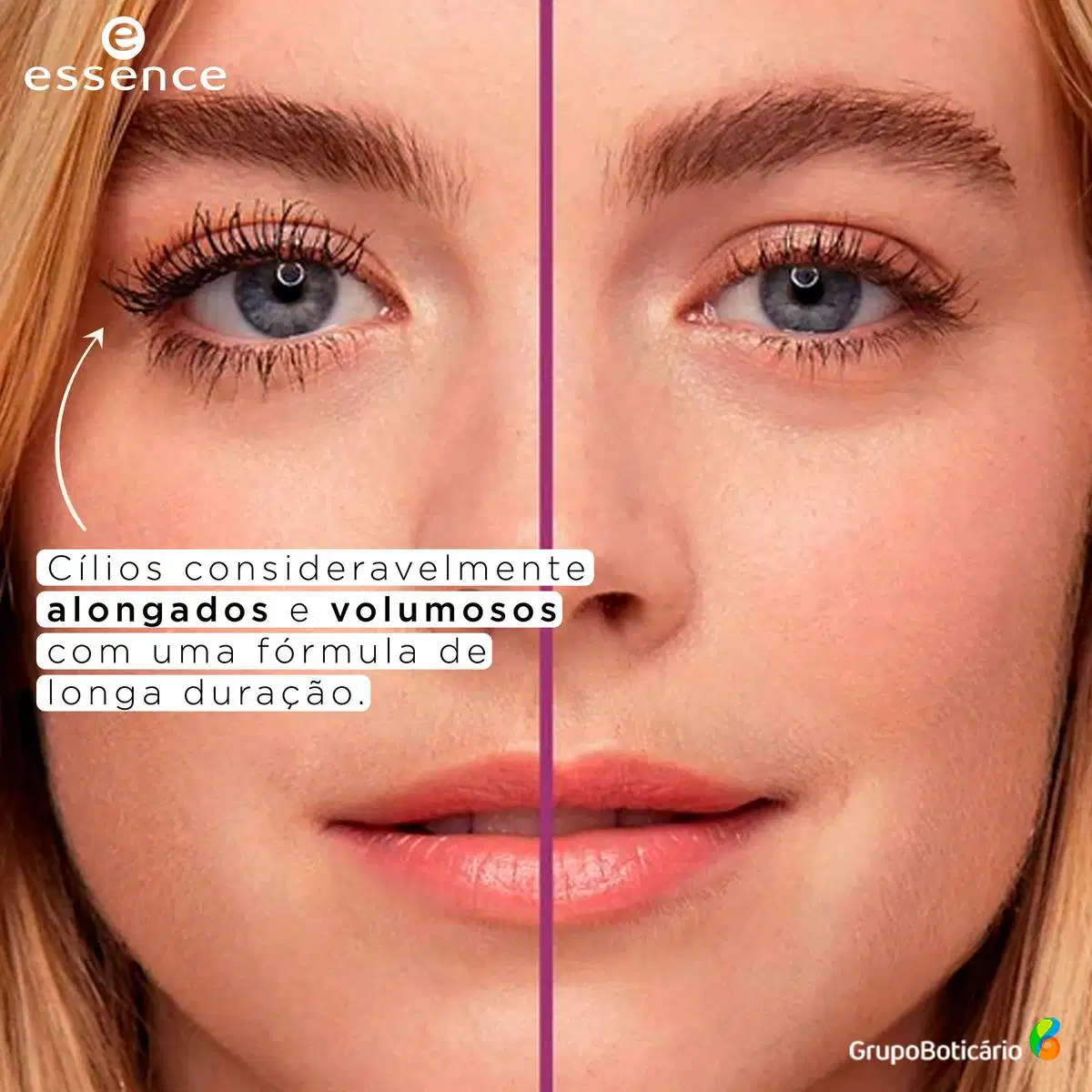 A imagem mostra uma comparação antes e depois da aplicação do produto. No lado esquerdo, os cílios aparecem naturais, enquanto no lado direito, eles estão visivelmente mais longos, curvados e volumosos após o uso da máscara.