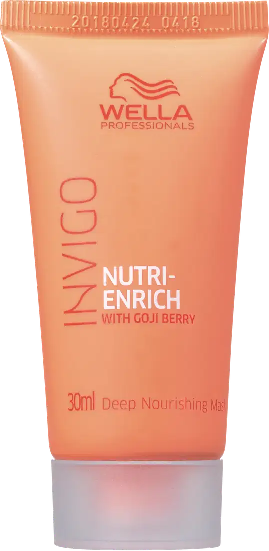 Tubo de tratamento capilar Wella Professionals Nutri-Enrich com Goji Berry, embalagem laranja com logotipo da marca e informações do produto, contém 30ml de produto.