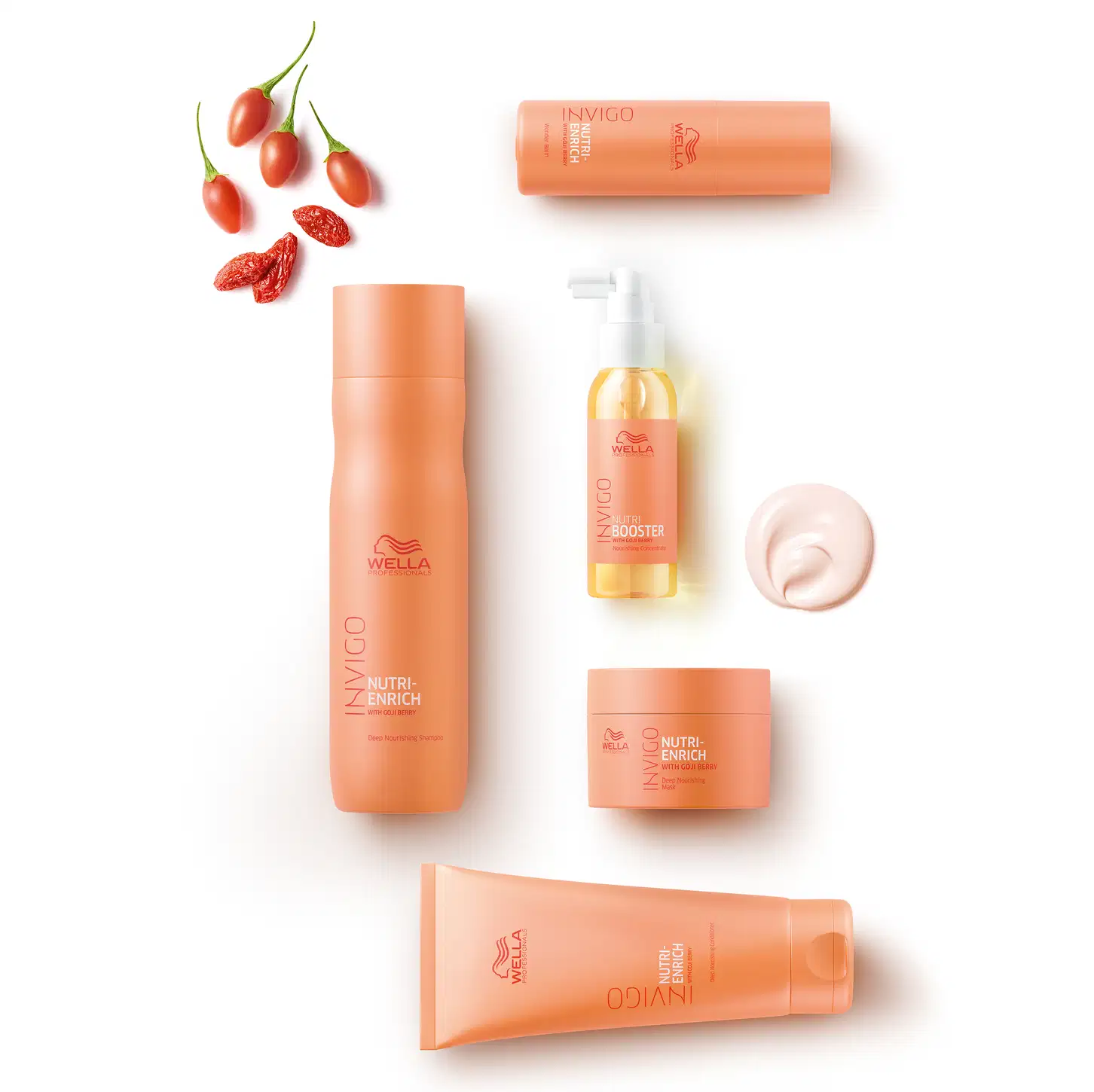 Produtos da linha Wella Professionals Invigo Nutri-Enrich, incluindo shampoo, condicionador, máscara e spray, em embalagens laranja e branca com detalhes em vermelho.