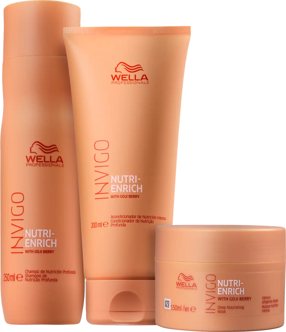 Produtos da linha Nutri-Enrich da Wella Professionals, incluindo shampoo, condicionador e máscara capilar, em embalagens de plástico com cores predominantes de laranja.