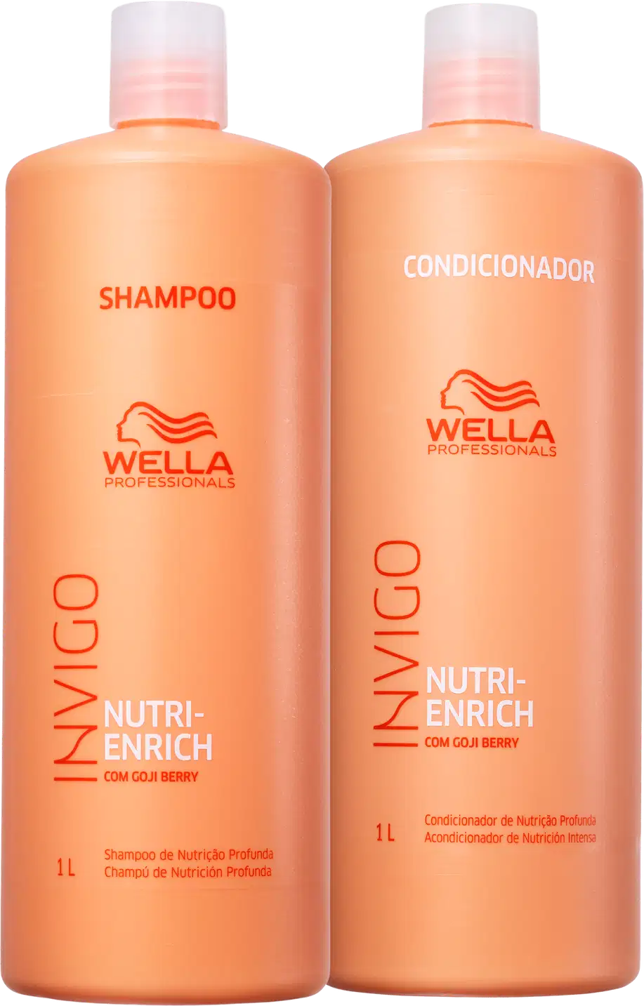 A imagem mostra duas embalagens plásticas grandes, de 1 litro cada, na cor laranja.
À esquerda está um shampoo de nutrição profunda, e à direita está um concidicionador, ambos chamados chamado "Nutri-Enrich" com goji berry.