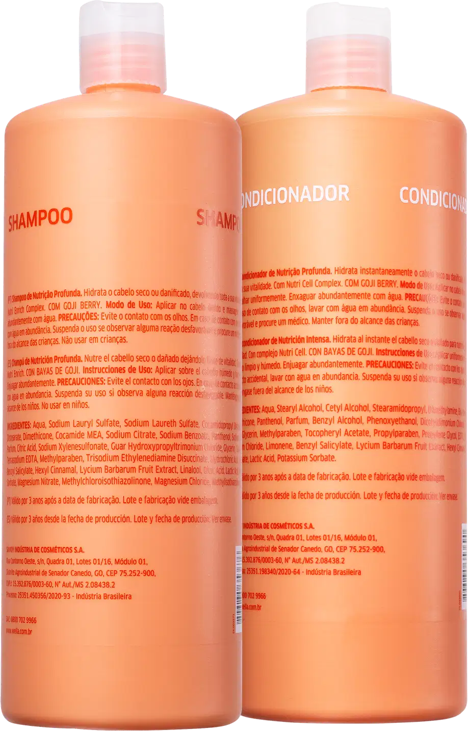 A imagem mostra dois frascos de produtos da linha Wella Professionals. São um shampoo e um condicionador para cabelo, com embalagens iguais na cor laranja. As embalagens são rótulos longos com textos descrevendo os ingredientes e funções de cada produto.