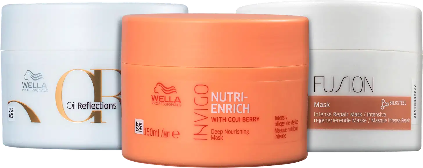 Três máscaras da marca Wella Professionals: Oil Reflections,  Nutri-Enrich e Fusion Mask, todos com embalagens e rótulos característicos da marca.