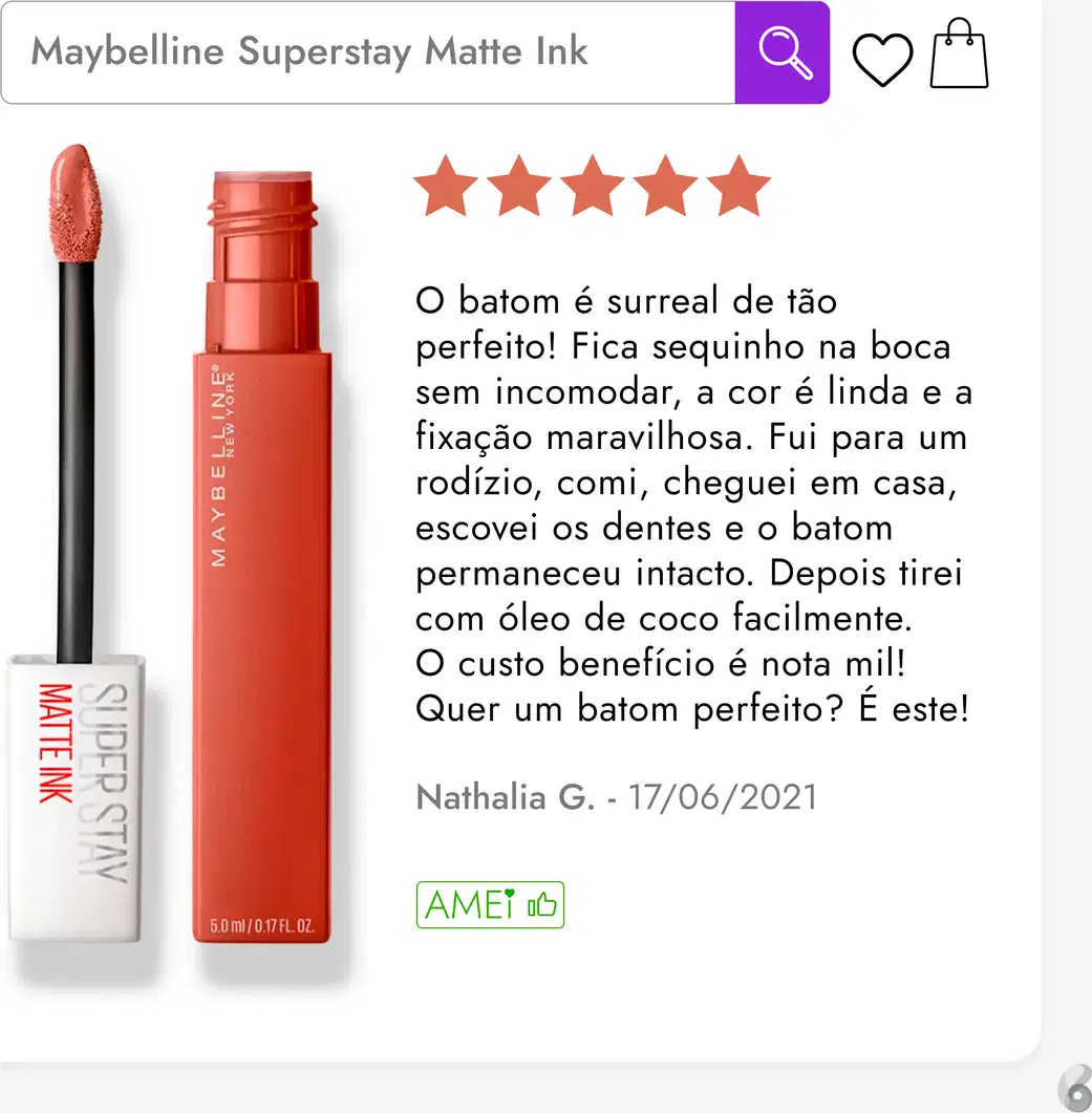A imagem exibe uma amostra do batom aplicado, uma classificação de 5 estrelas e um comentário descrevendo as qualidades do produto, como fixação duradoura, cor bonita e fácil remoção.