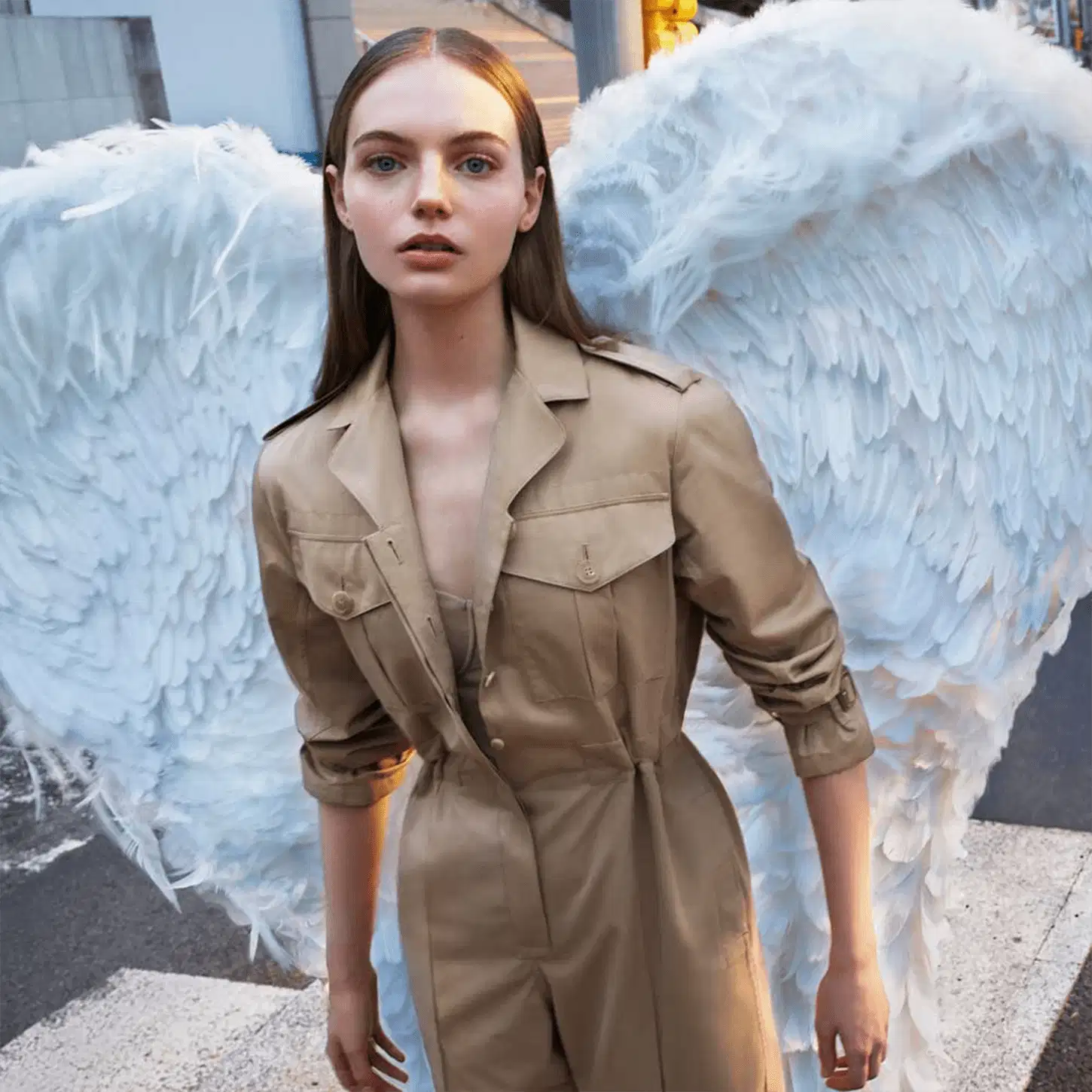 Ambiente urbano com asas de anjo brancas ao fundo, modelo vestindo trench coat bege da marca Burberry, em uma composição que sugere uma campanha de moda da marca.