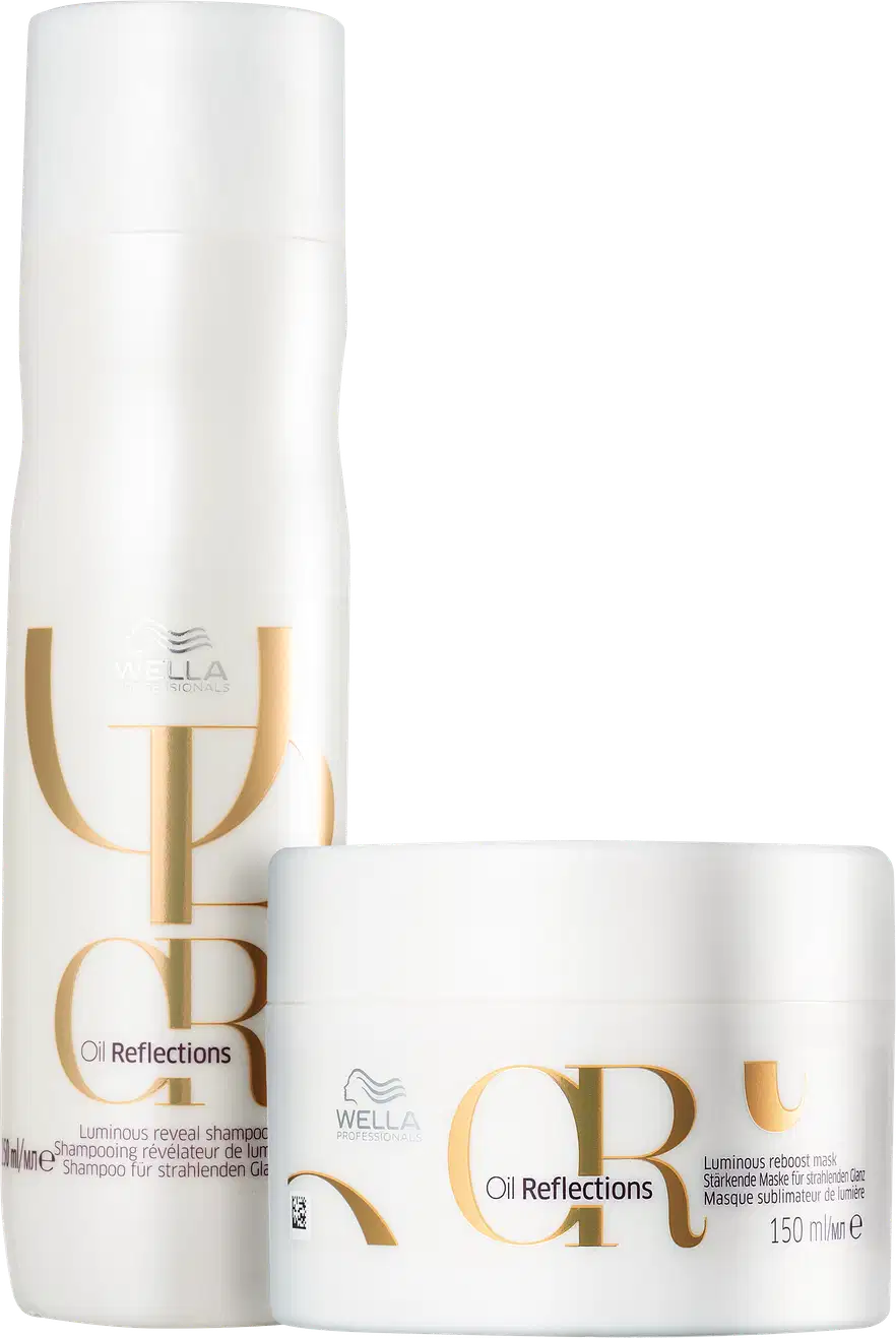 Dois produtos da linha Wella Professionals Oil Reflections: um frasco de shampoo luminoso e uma embalagem de máscara sublimadora, ambos com design minimalista em branco e dourado.