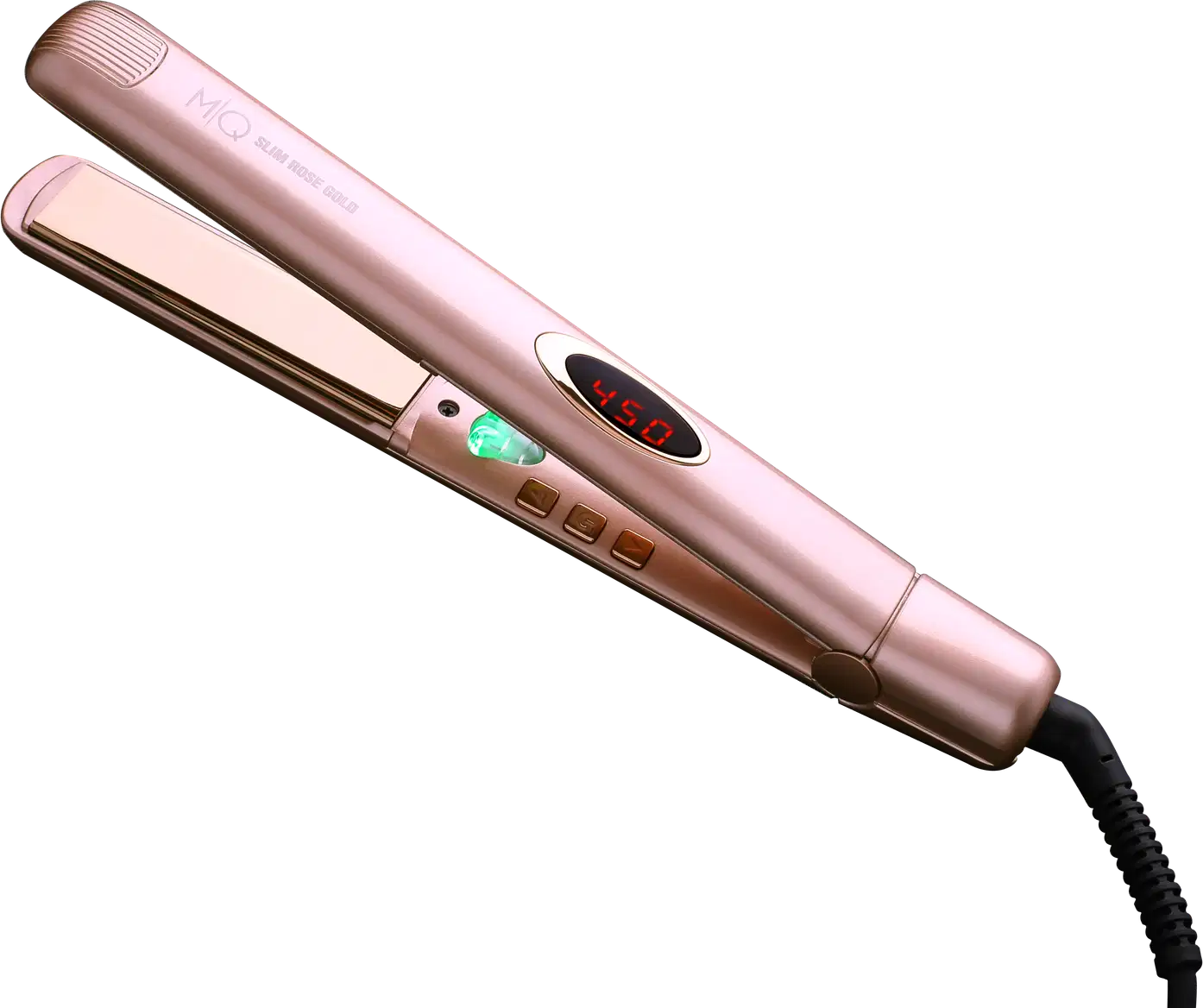 Chapinha elétrica MQ Professional de cor rosa dourado, com display digital e controle de temperatura. Possui design compacto e ergonômico, com botões de ajuste e indicador de temperatura.