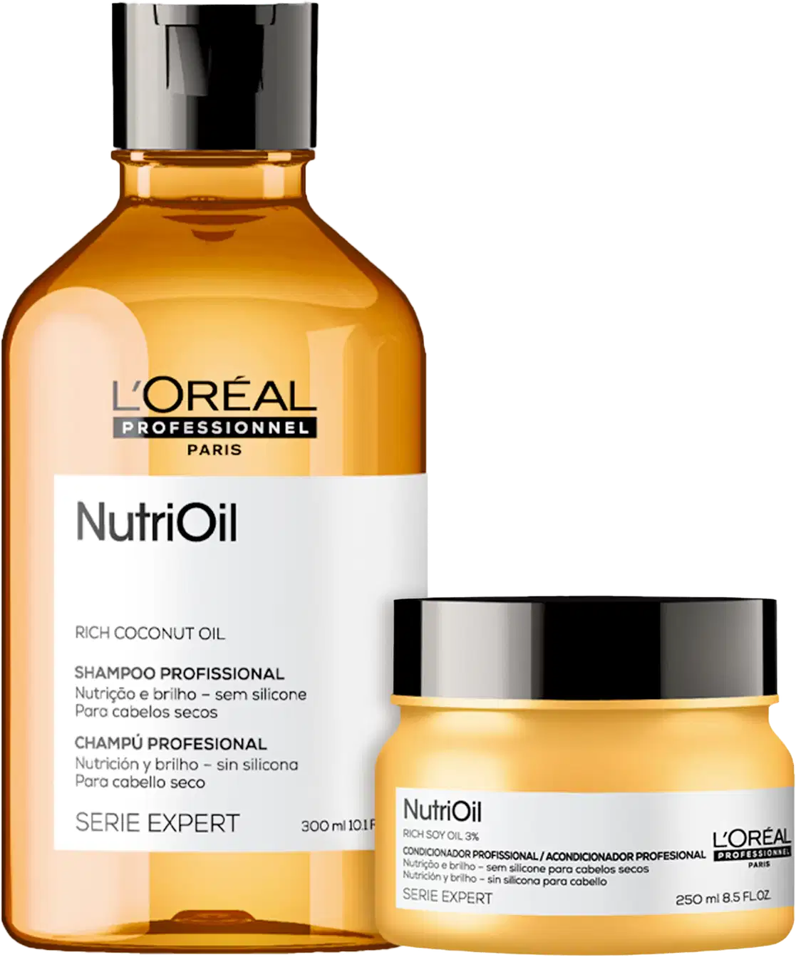 Dois produtos da linha L'Oréal Professionnel Serie Expert NutriOil: um frasco de shampoo e um pote de condicionador, ambos com embalagem de vidro âmbar e detalhes em preto e branco, destacando os ingredientes de óleo de coco.