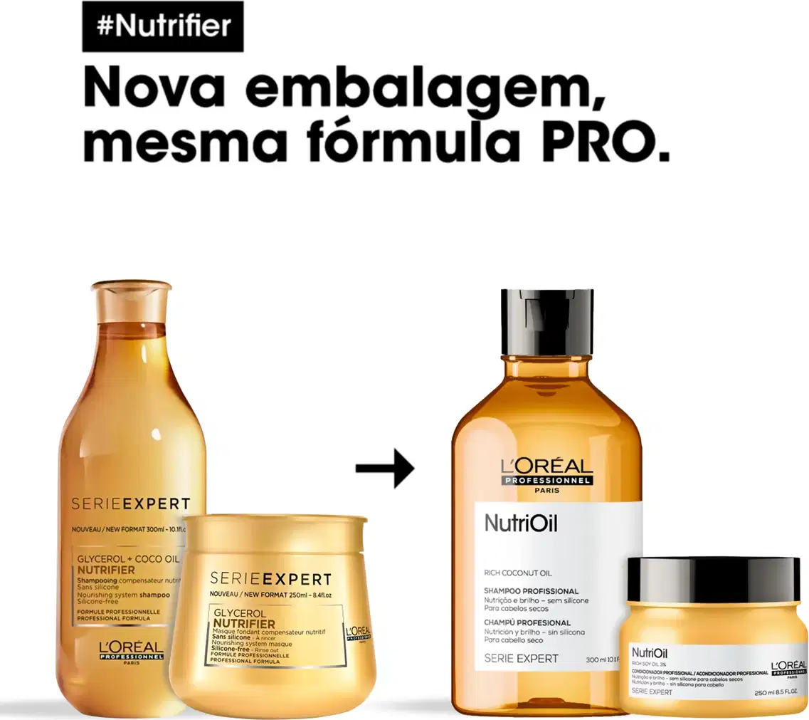 A linha de produtos Serie Expert da L'Oréal Professionnel, incluindo shampoo, máscara e óleo capilar Nutrioil, em embalagens de vidro e plástico com cores predominantes de laranja e preto.