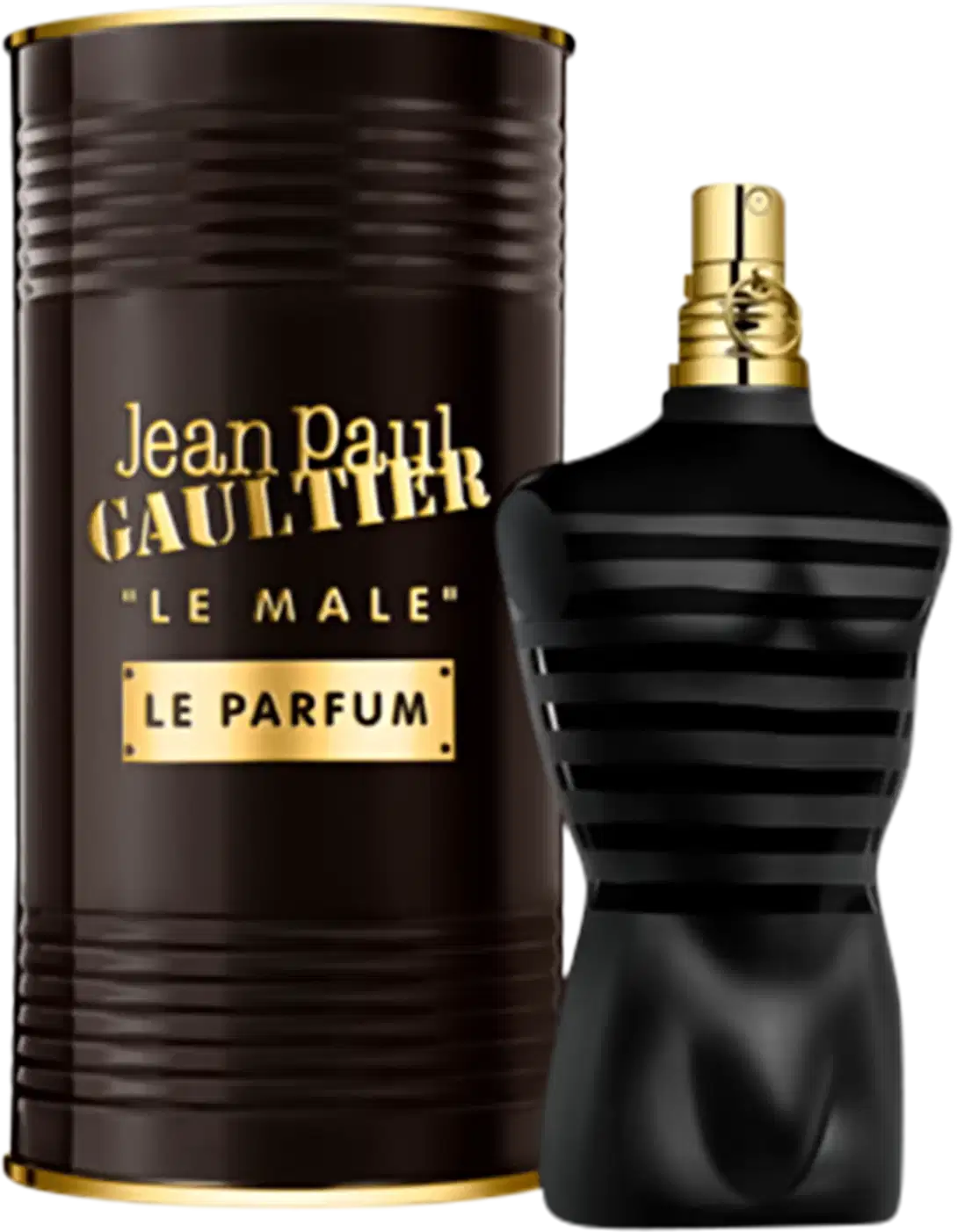 Frasco do perfume masculino da marca Jean Paul Gaultier, chamado "Le Male Le Parfum", em embalagem preta e dourada com listras verticais. Ao lado embalagem do perfume em forma de lata 