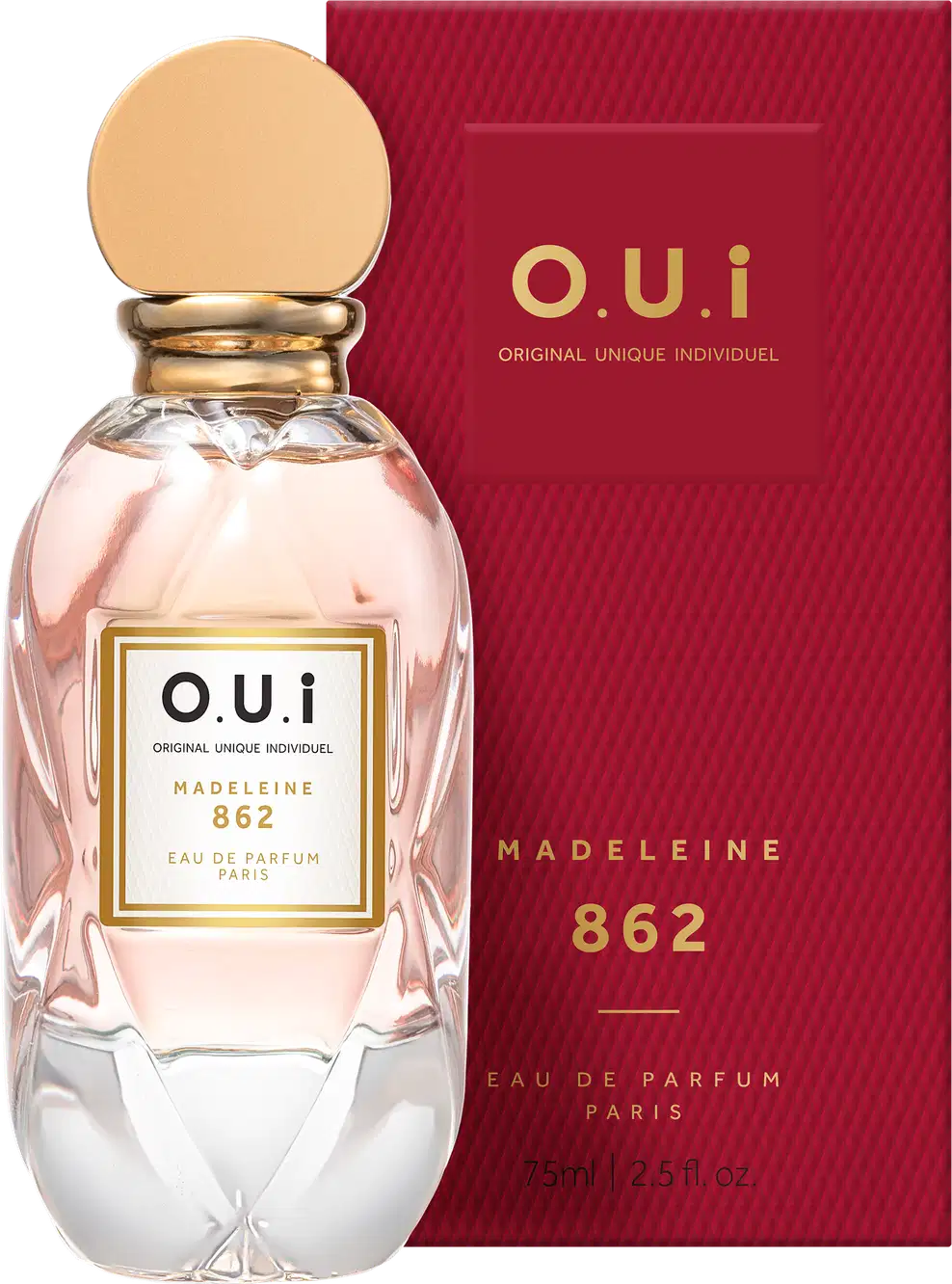 Frasco de vidro transparente ao lado da embalagem retangular vermelha com detalhes dourados, exibindo o nome da marca, linha e número do perfume.