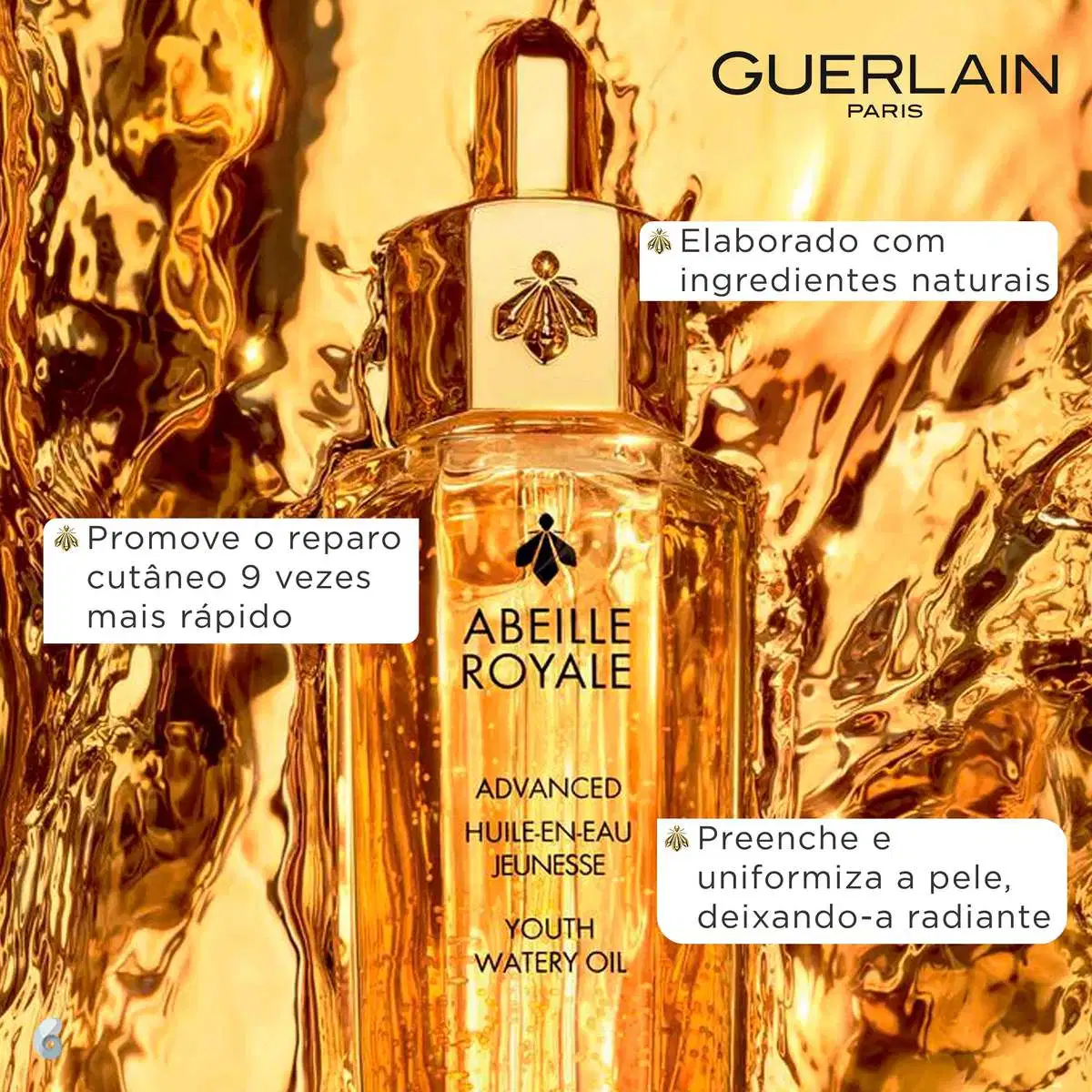 A imagem mostra o óleo hidratante em um fundo dourado e o texto destaca: elaborado com ingredientes naturais, promove o reparo cutâneo 9 vezes mais rápido, preenche e uniformiza a pele, deixando-a radiante.