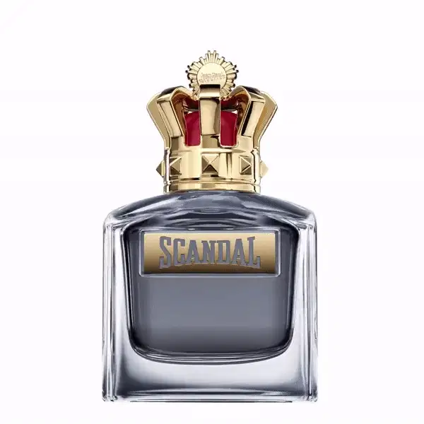 Frasco de perfume Jean Paul Gaultier Scandal, com design elegante em tons de preto e dourado. Embalagem com coroa dourada no topo, destacando o nome da fragrância em letras douradas.