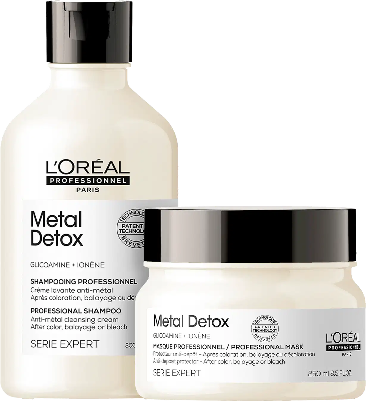 Produtos da linha Metal Detox da L'Oréal Professionnel, incluindo um frasco de shampoo e um pote de máscara, ambos com embalagem branca e preta com detalhes em prata.