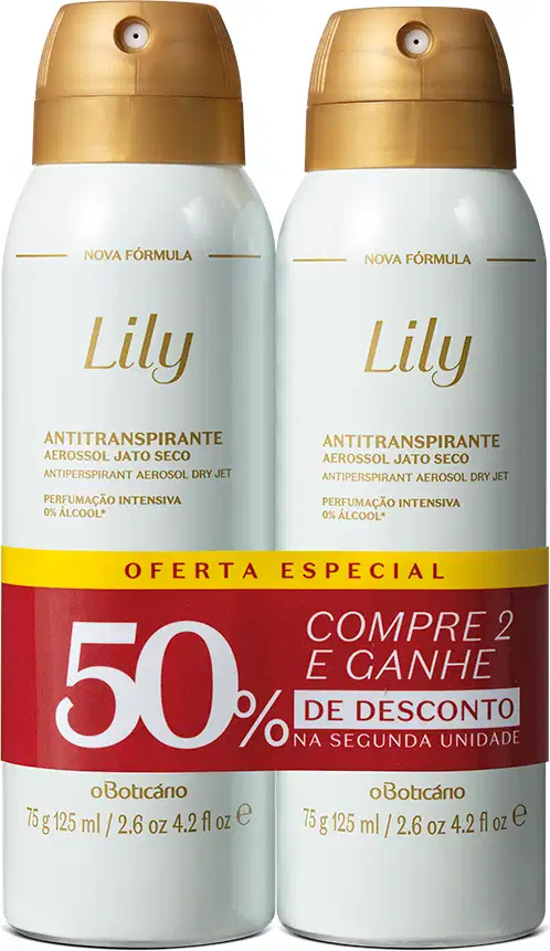 A imagem mostra dois frascos de antitranspirante aerossol seco da marca Lily. Os frascos são brancos com detalhes na cor dourada. Há uma oferta especial destacada, onde ao comprar 2 unidades, o cliente ganha 50% de desconto na segunda unidade.