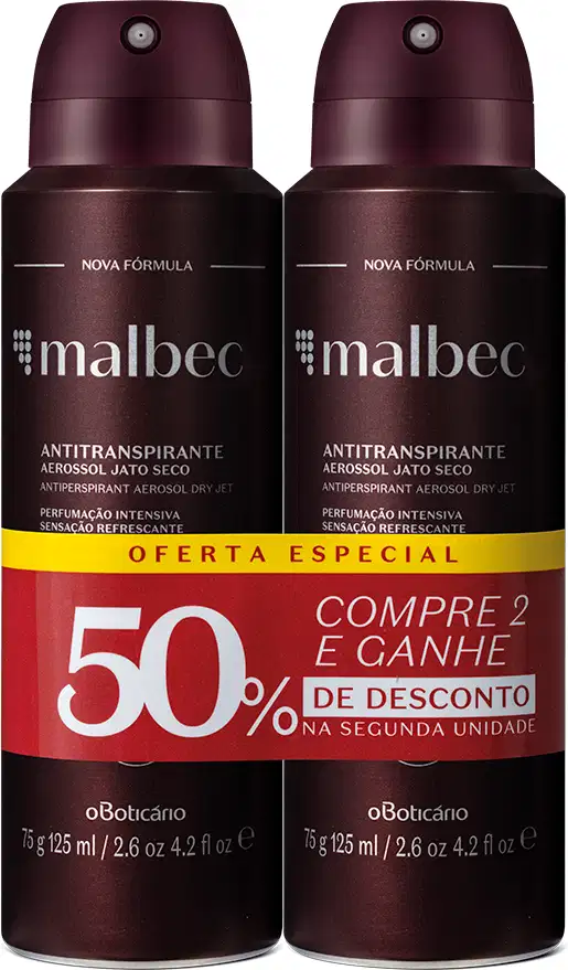 Dois frascos de desodorante antitranspirante aerossol. Rótulos indicando "Nova Fórmula", "Antitranspirante Aerossol Jato Seco" e "Perfumação Intensiva Sensação Refrescante". Promoção destacada oferecendo 50% de desconto na segunda unidade.